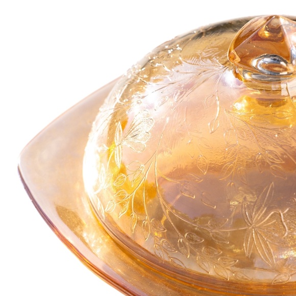 Jeanette Floragold Louisa Butter Dish Depression Glass Iridescent Dish w/ Lid - Picture 5 of 9